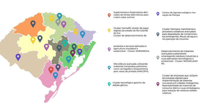 Mapa do RS com as indicações das regiões onde estão situados os Clusters contemplados.